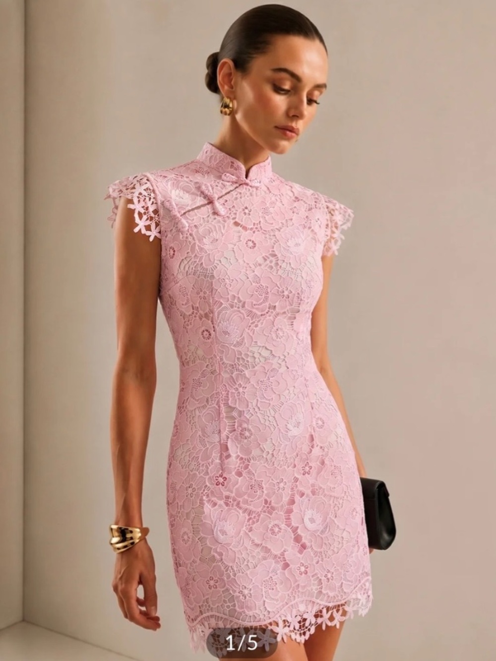 Commense Frog Button Guipure Lace Cheongsam Mini Dress